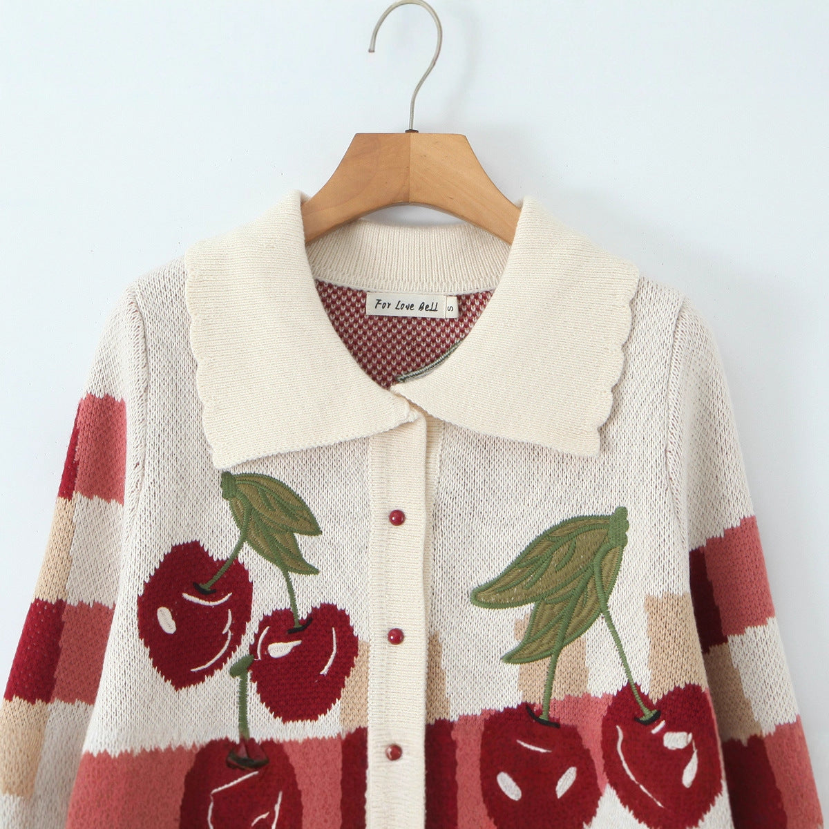 Women's Cropped Knit Cardigan with Cherry Floral Pattern