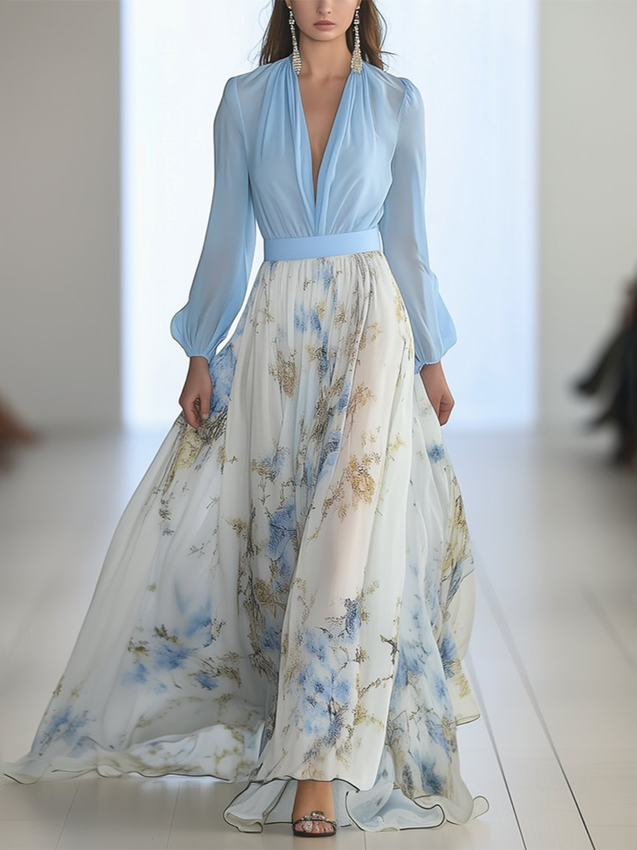 Flowy Floral Maxi Dress with V-Neck for Women