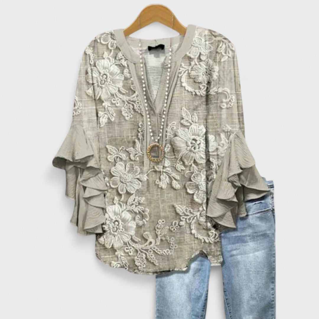 Women's Elegant V-Neck Blouse with Ruffle Sleeve Detail