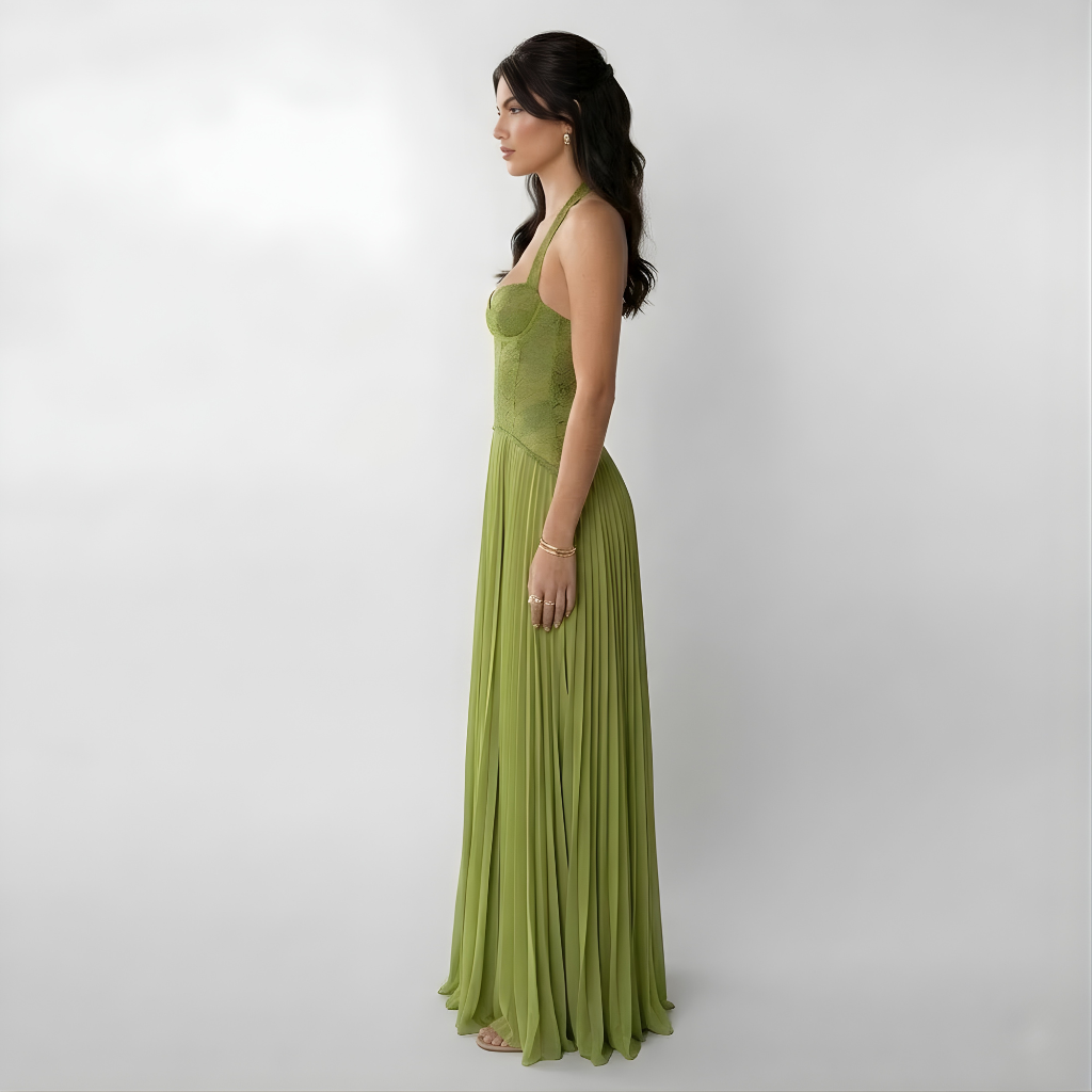 Women’s Pleated Halter Maxi Dress with Open Back Design