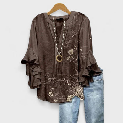 Floral V-Neck Ruffle-Sleeve Blouse Vintage Style