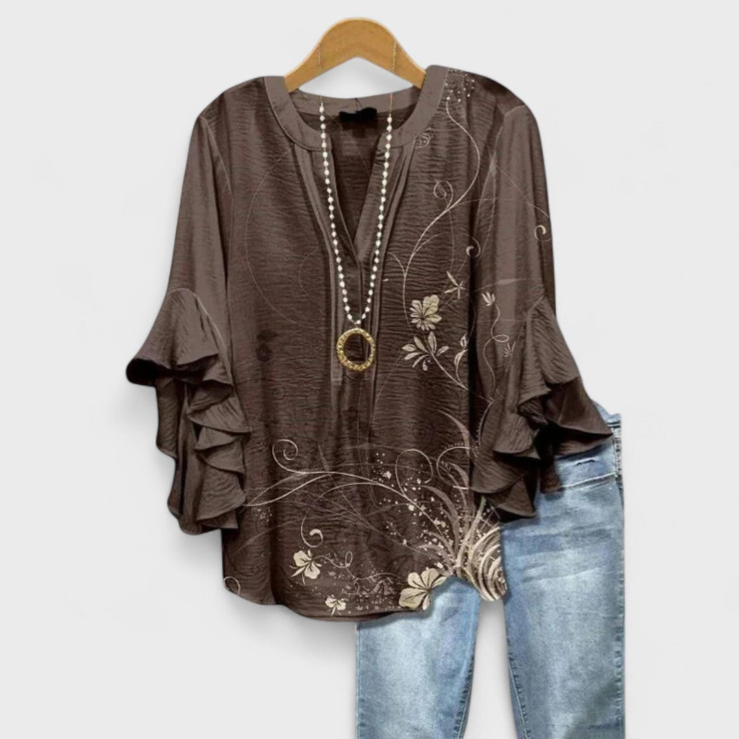 Women’s Printed V Neck Boho Ruffle Sleeve Blouse