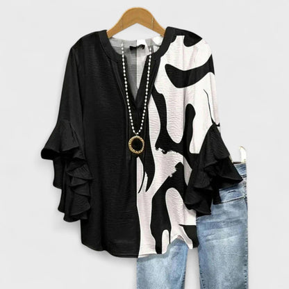 Women's Elegant V-Neck Blouse with Ruffle Sleeve Detail