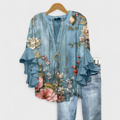 Women's Elegant V-Neck Blouse with Ruffle Sleeve Detail