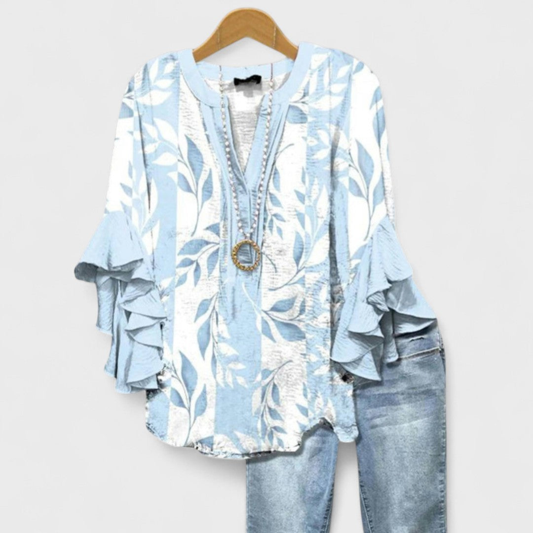 Floral V-Neck Ruffle-Sleeve Blouse Vintage Style