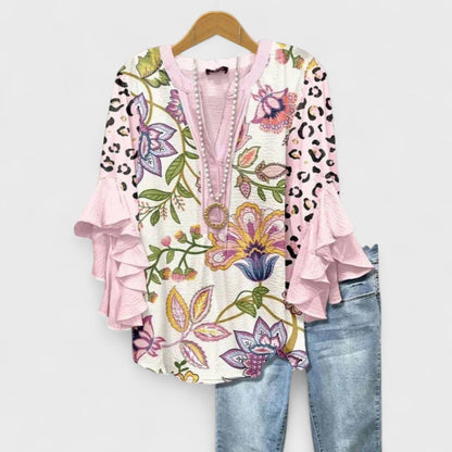 Women's Elegant V-Neck Blouse with Ruffle Sleeve Detail
