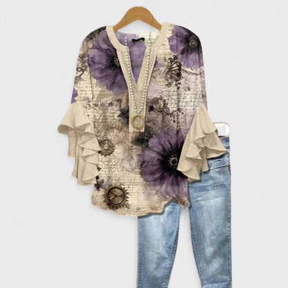 Women’s Printed V Neck Boho Ruffle Sleeve Blouse