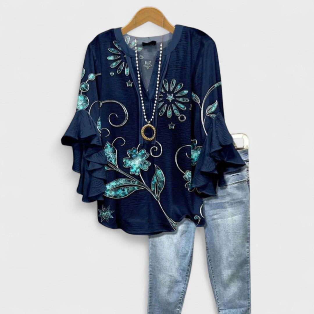 Women's Elegant V-Neck Blouse with Ruffle Sleeve Detail