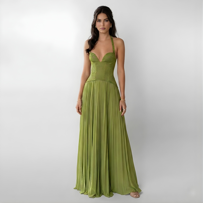 Women’s Pleated Halter Maxi Dress with Open Back Design