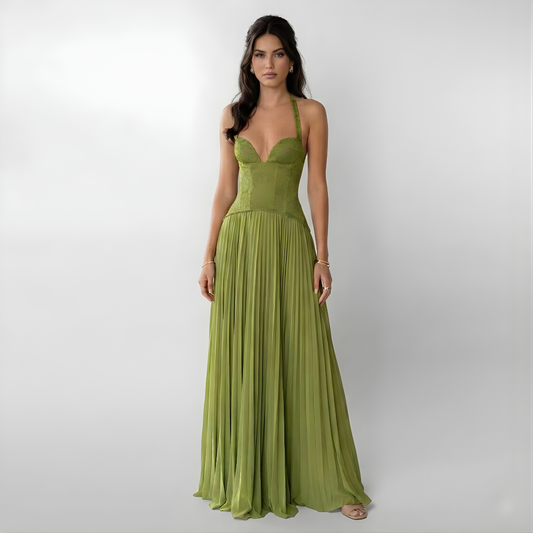 Women’s Pleated Halter Maxi Dress with Open Back Design