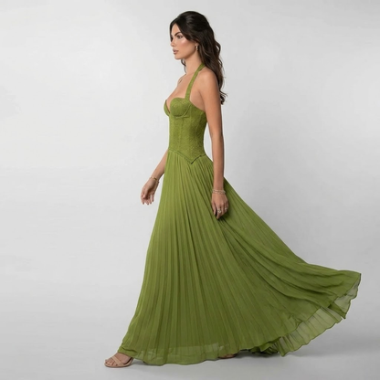 Women’s Pleated Halter Maxi Dress with Open Back Design
