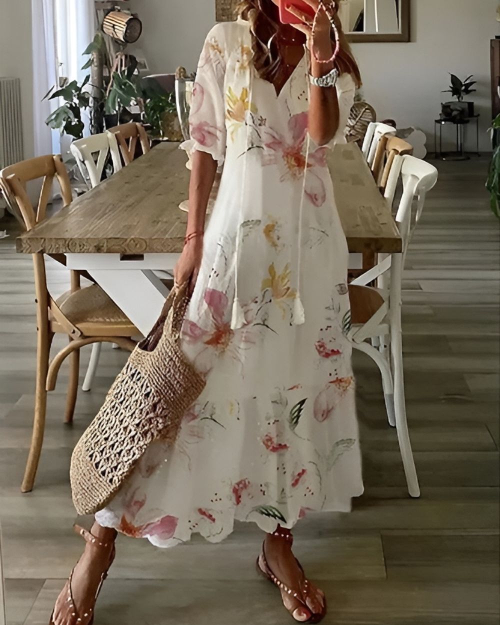 Women's Free-Spirited Tassel Tie-Front Boho Maxi Dress