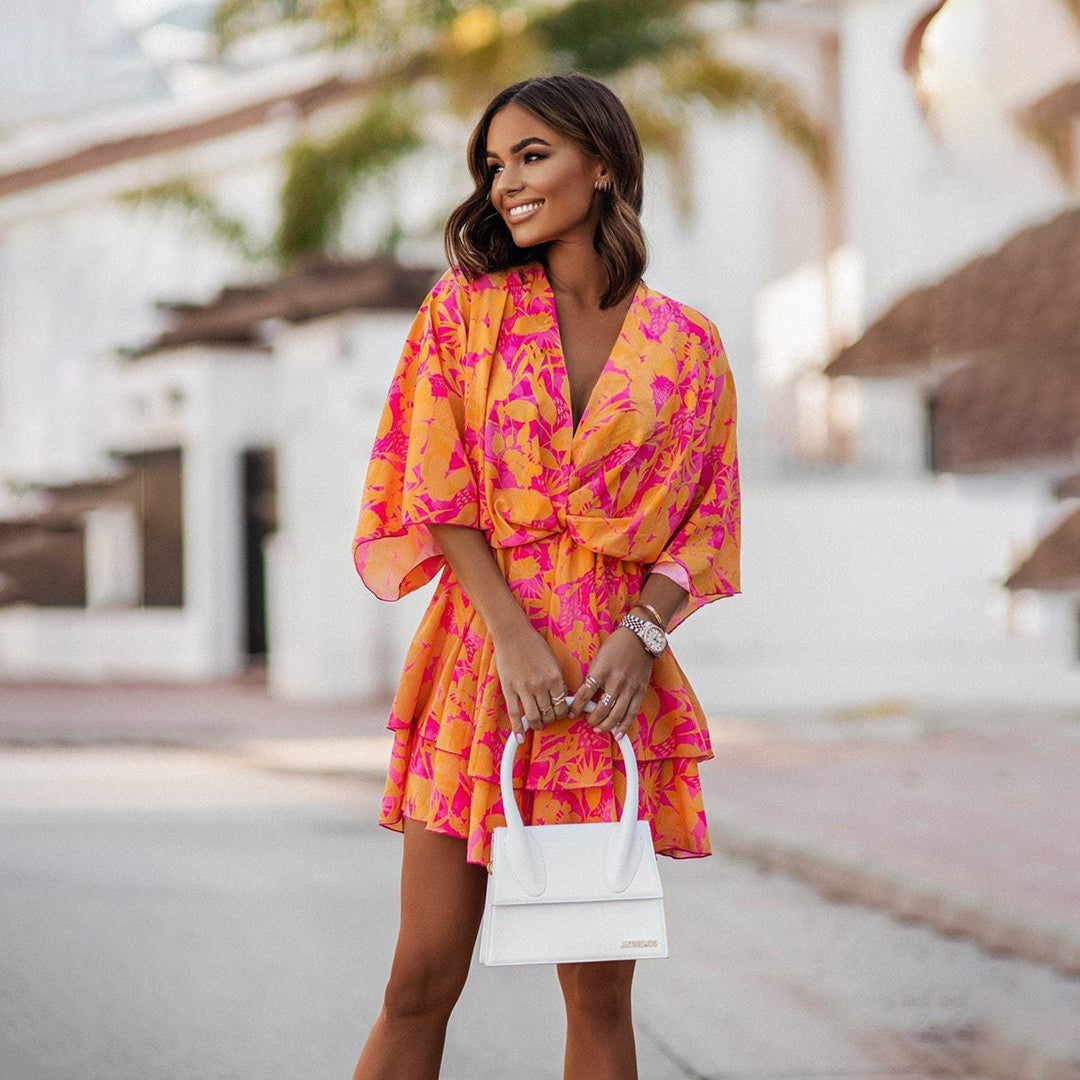 Women’s Floral Wrap Mini Dress with Flowy Bell Sleeves