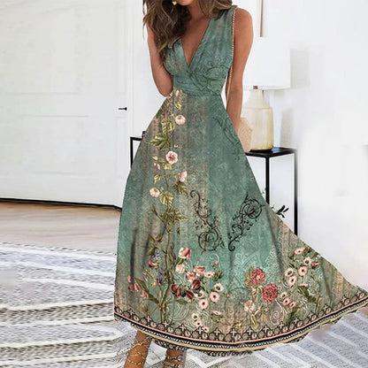 Women's Sleeveless V-Neck Maxi Dress with Beautiful Floral Design