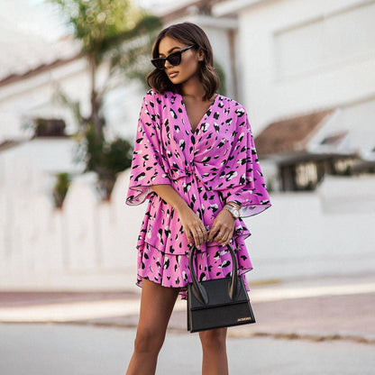 Women’s Floral Wrap Mini Dress with Flowy Bell Sleeves