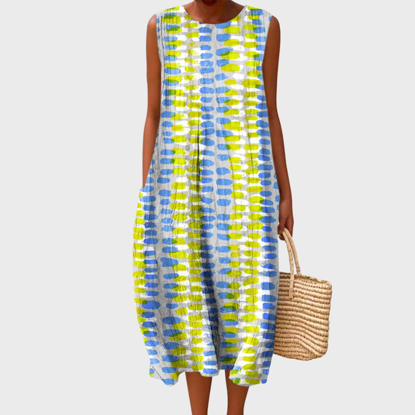 Women's Sleeveless Patchwork Midi Dress with Relaxed Bubble Hem