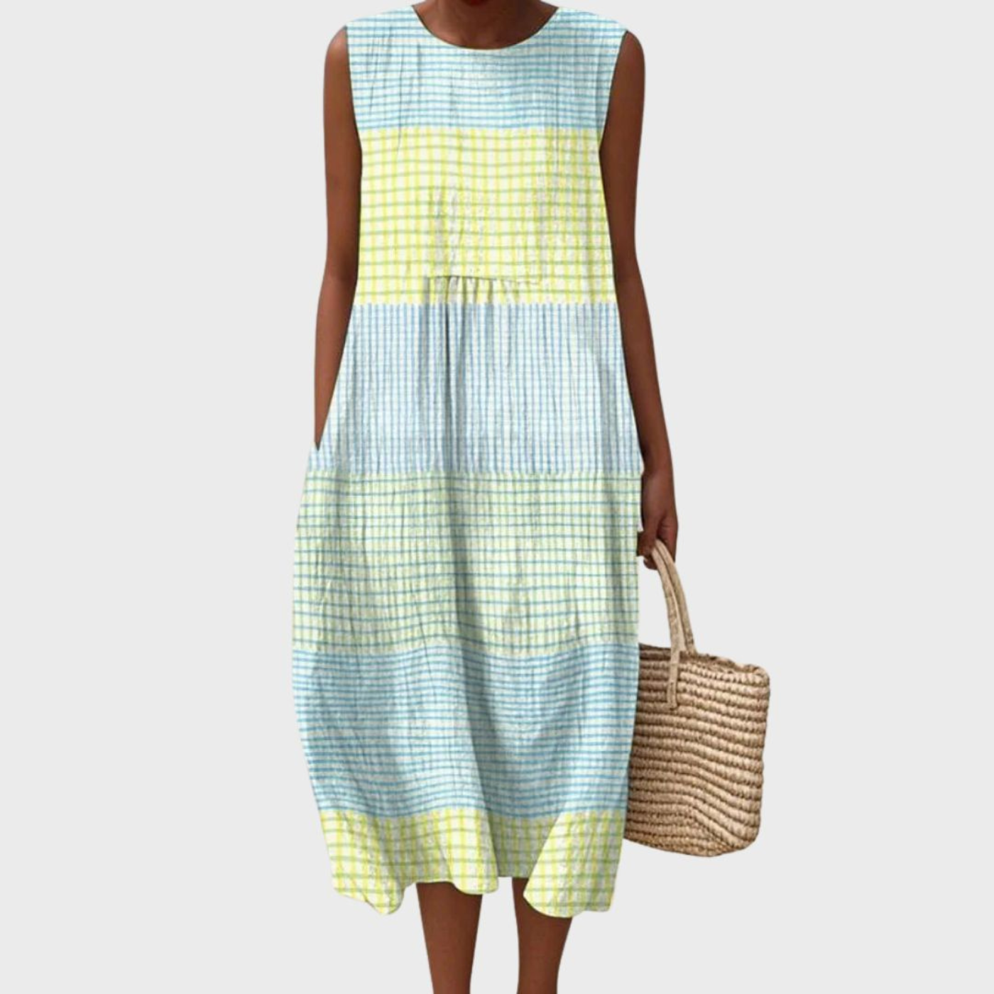 Women's Sleeveless Patchwork Midi Dress with Relaxed Bubble Hem