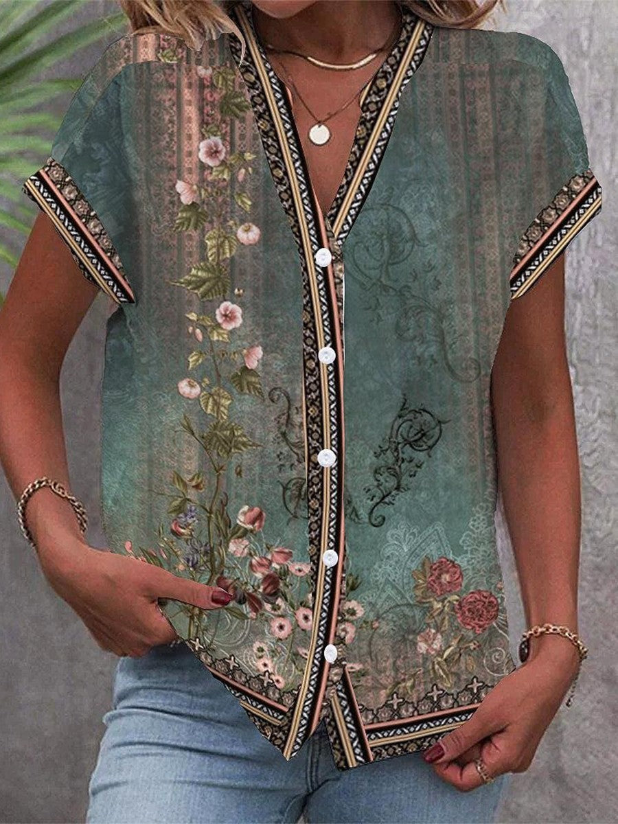 Women's Lightweight Boho Floral V-Neck Blouse