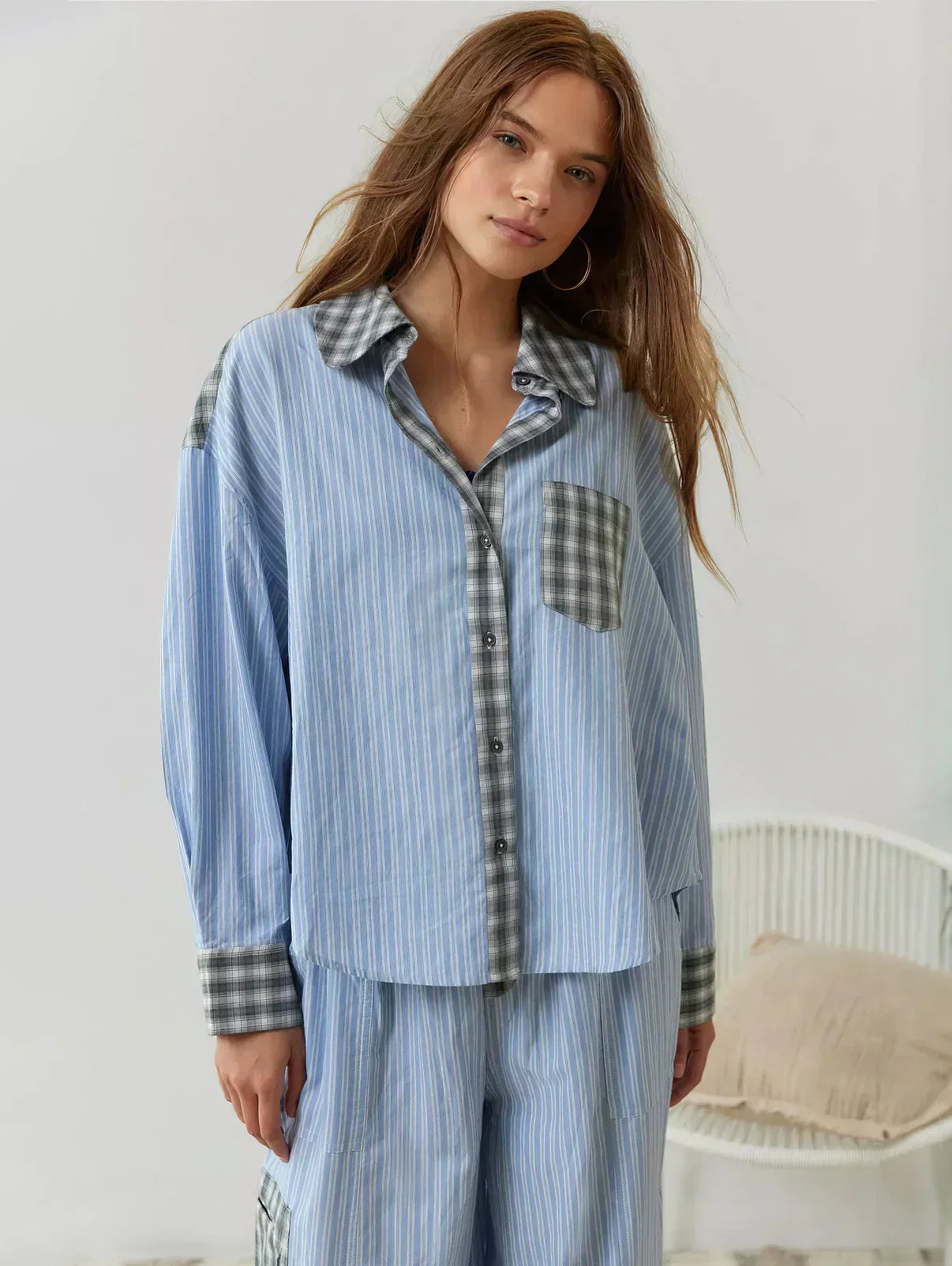 Women’s Plaid Button-Up Pajama Set with Relaxed Fit Pants