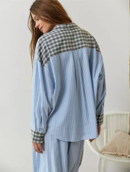 Women’s Plaid Button-Up Pajama Set with Relaxed Fit Pants