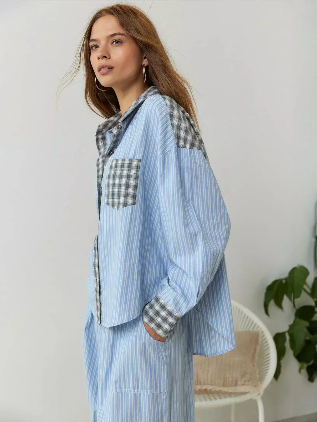 Women’s Plaid Button-Up Pajama Set with Relaxed Fit Pants