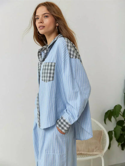 Women’s Plaid Button-Up Pajama Set with Relaxed Fit Pants