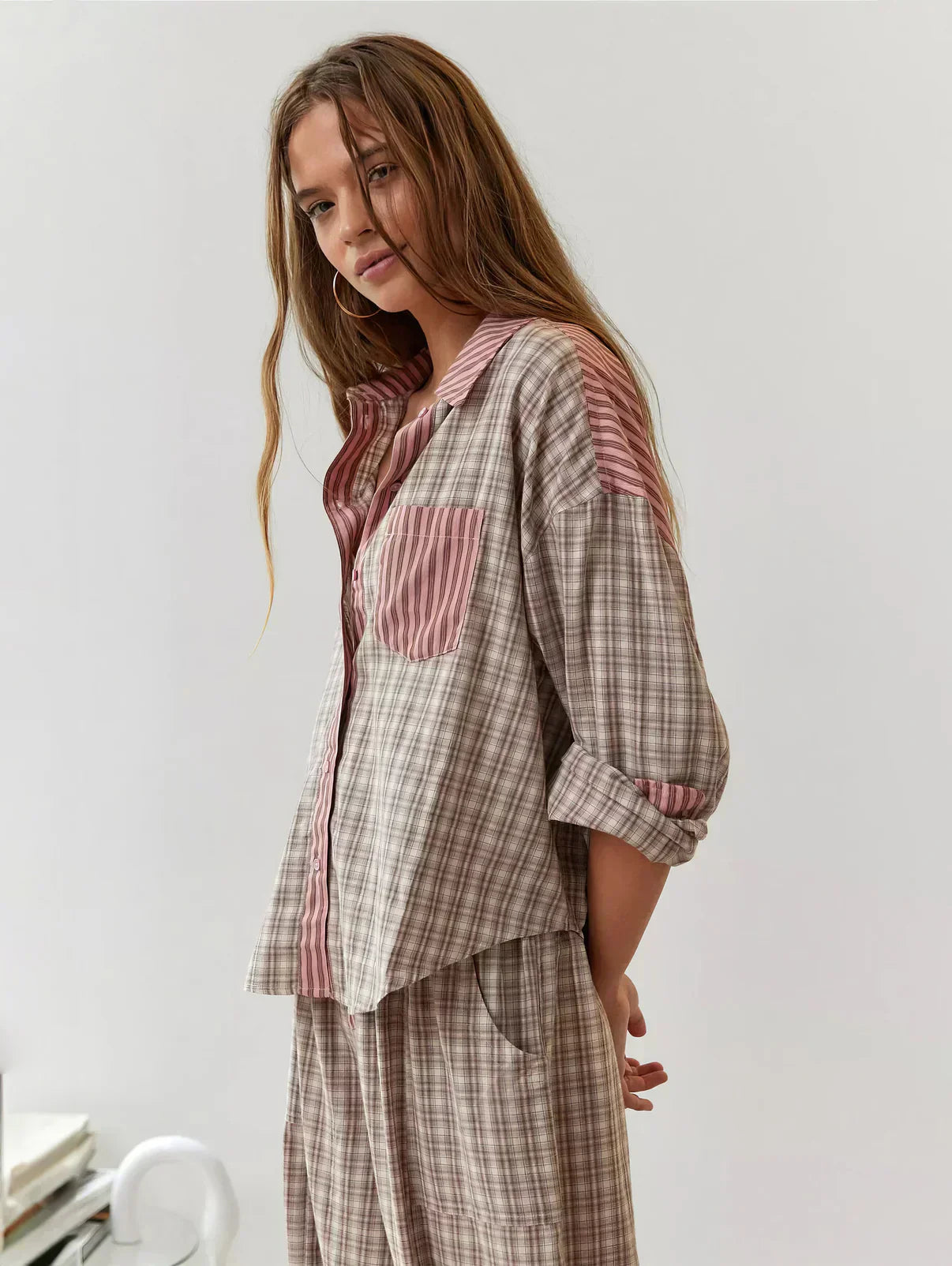 Women’s Plaid Button-Up Pajama Set with Relaxed Fit Pants