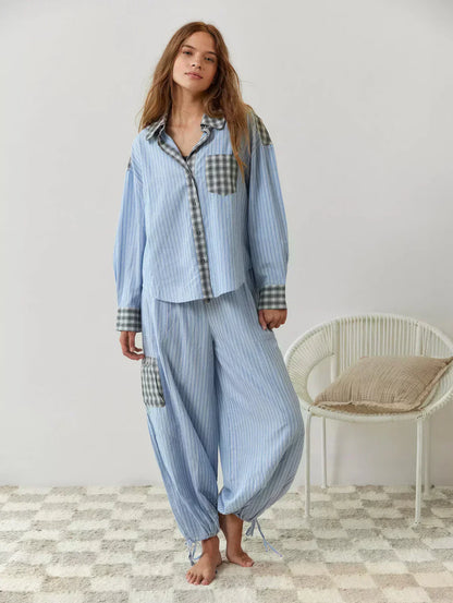 Women’s Plaid Button-Up Pajama Set with Relaxed Fit Pants