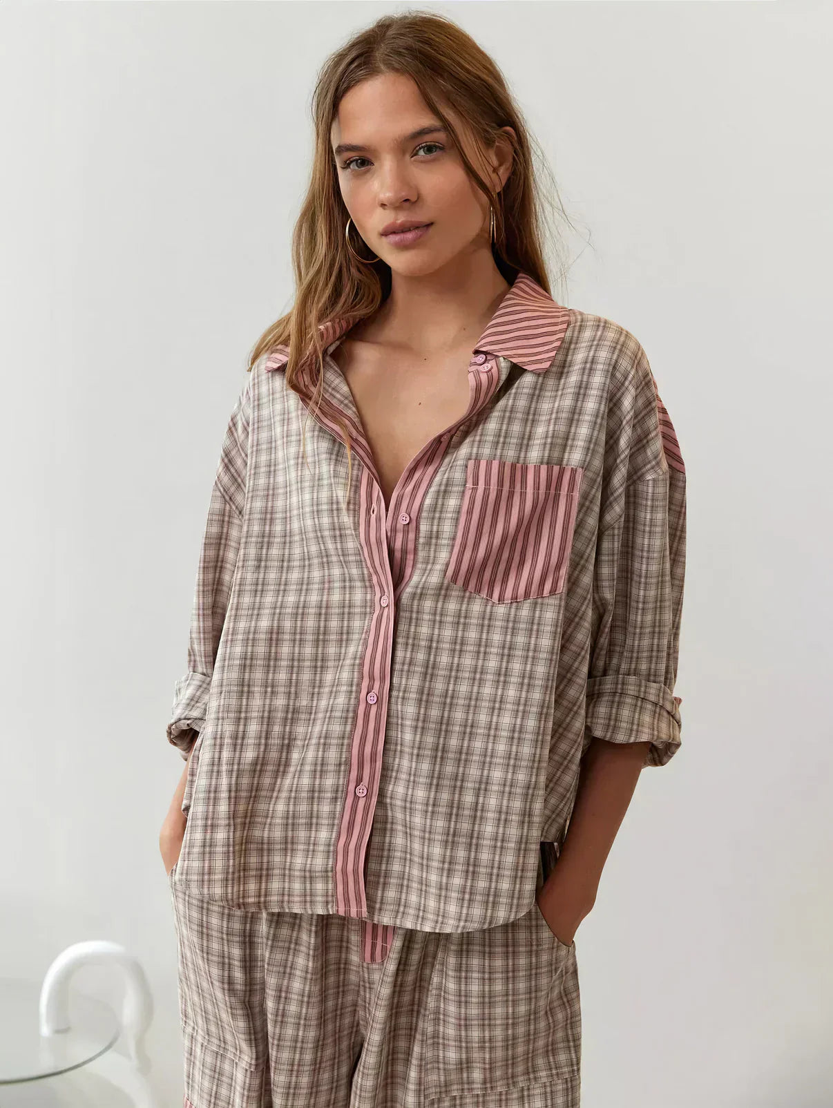 Women’s Plaid Button-Up Pajama Set with Relaxed Fit Pants