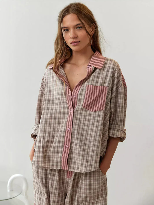 Women’s Plaid Button-Up Pajama Set with Relaxed Fit Pants