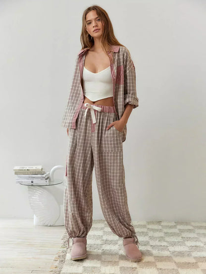 Women’s Plaid Button-Up Pajama Set with Relaxed Fit Pants