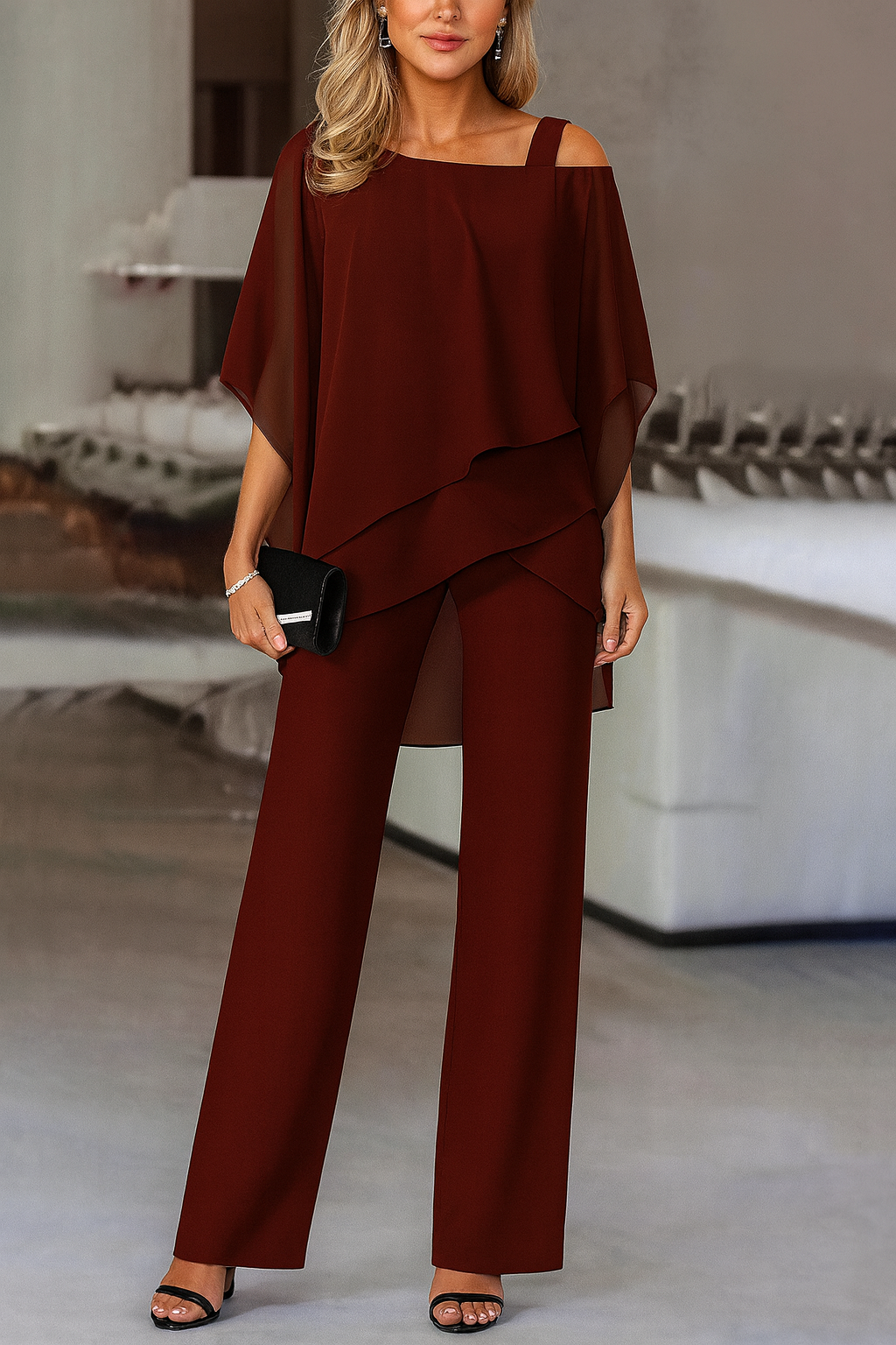Women’s Elegant Cold-Shoulder Two-Piece Pants Set