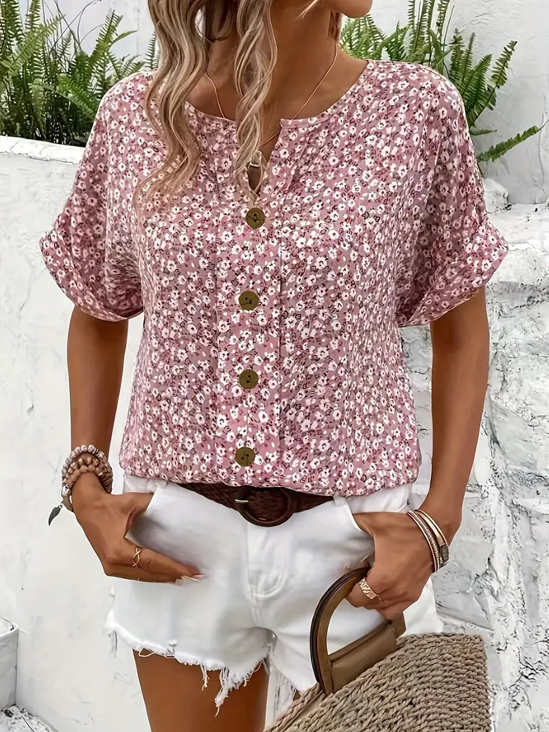 Women's Pink Ditsy Floral Button-Front Blouse