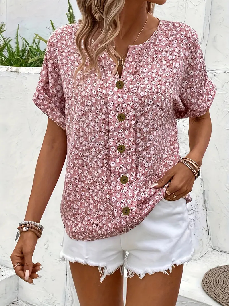 Women's Pink Ditsy Floral Button-Front Blouse