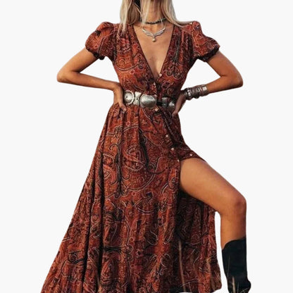 Elegant Paisley V-Neck Long Dress