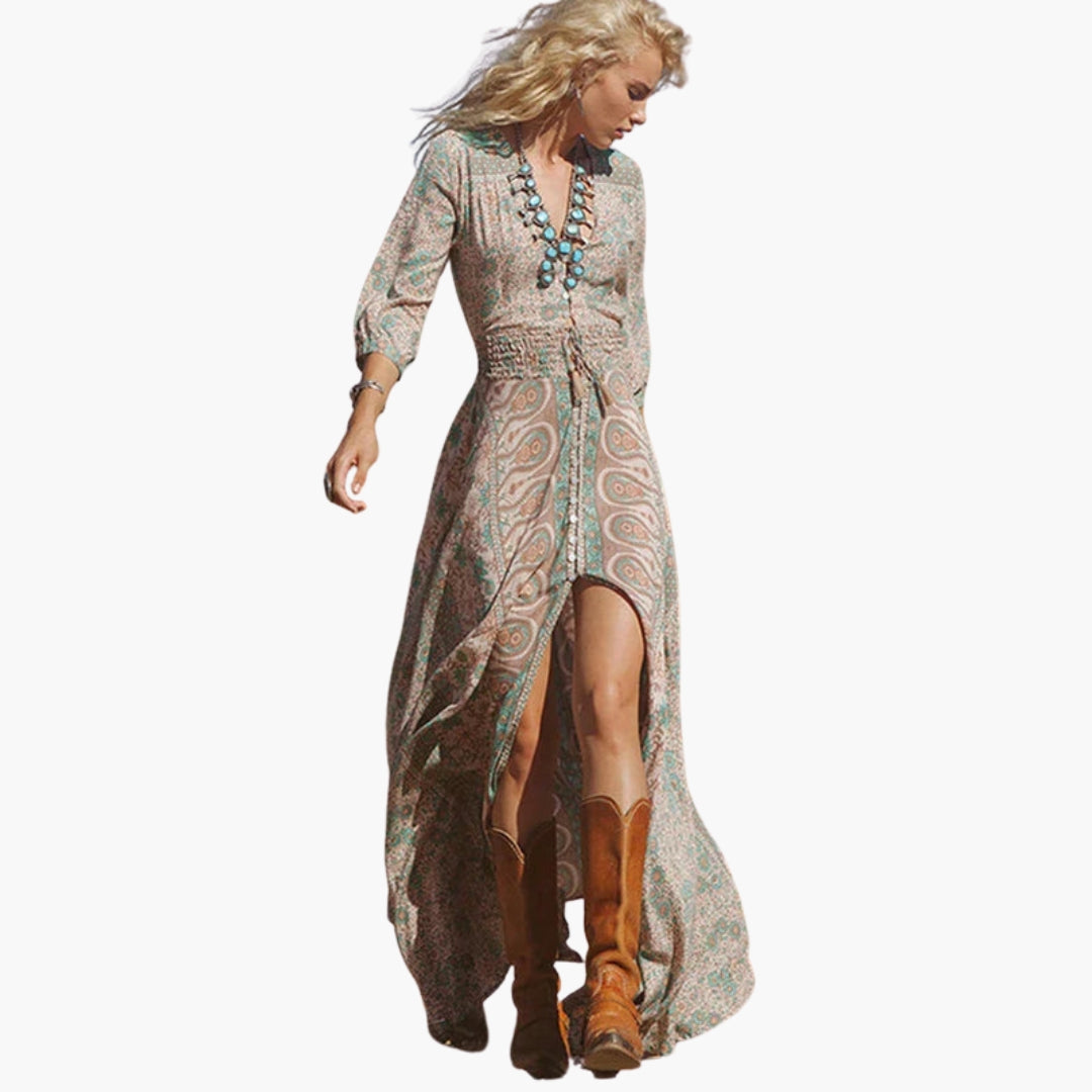 Elegant Paisley V-Neck Long Dress