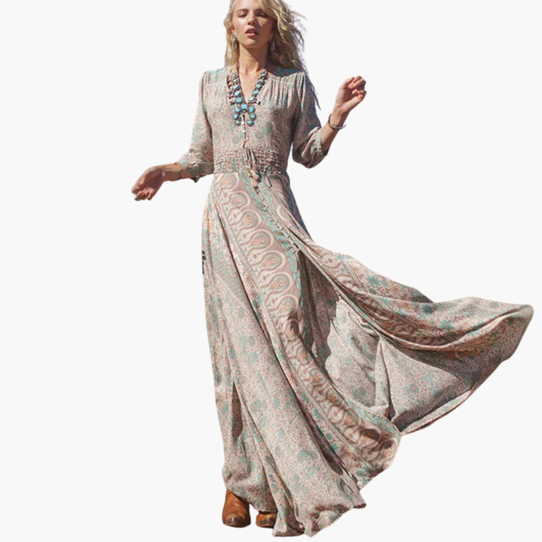 Elegant Paisley V-Neck Long Dress
