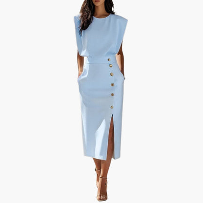 Elegant Button-Detail Midi Dress with Side Slit