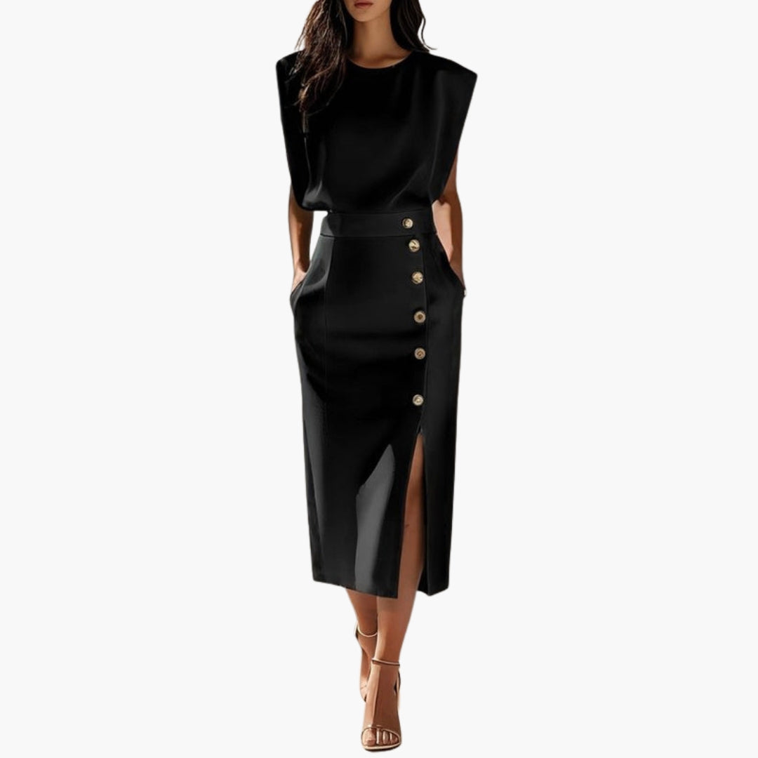 Elegant Button-Detail Midi Dress with Side Slit