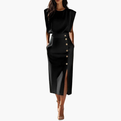 Elegant Button-Detail Midi Dress with Side Slit