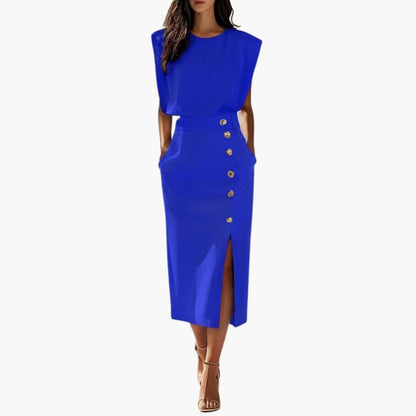 Elegant Button-Detail Midi Dress with Side Slit