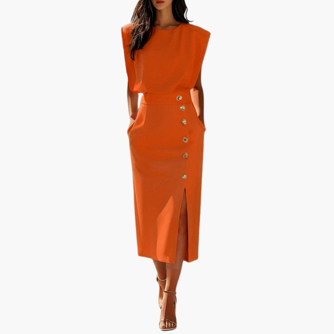 Elegant Button-Detail Midi Dress with Side Slit