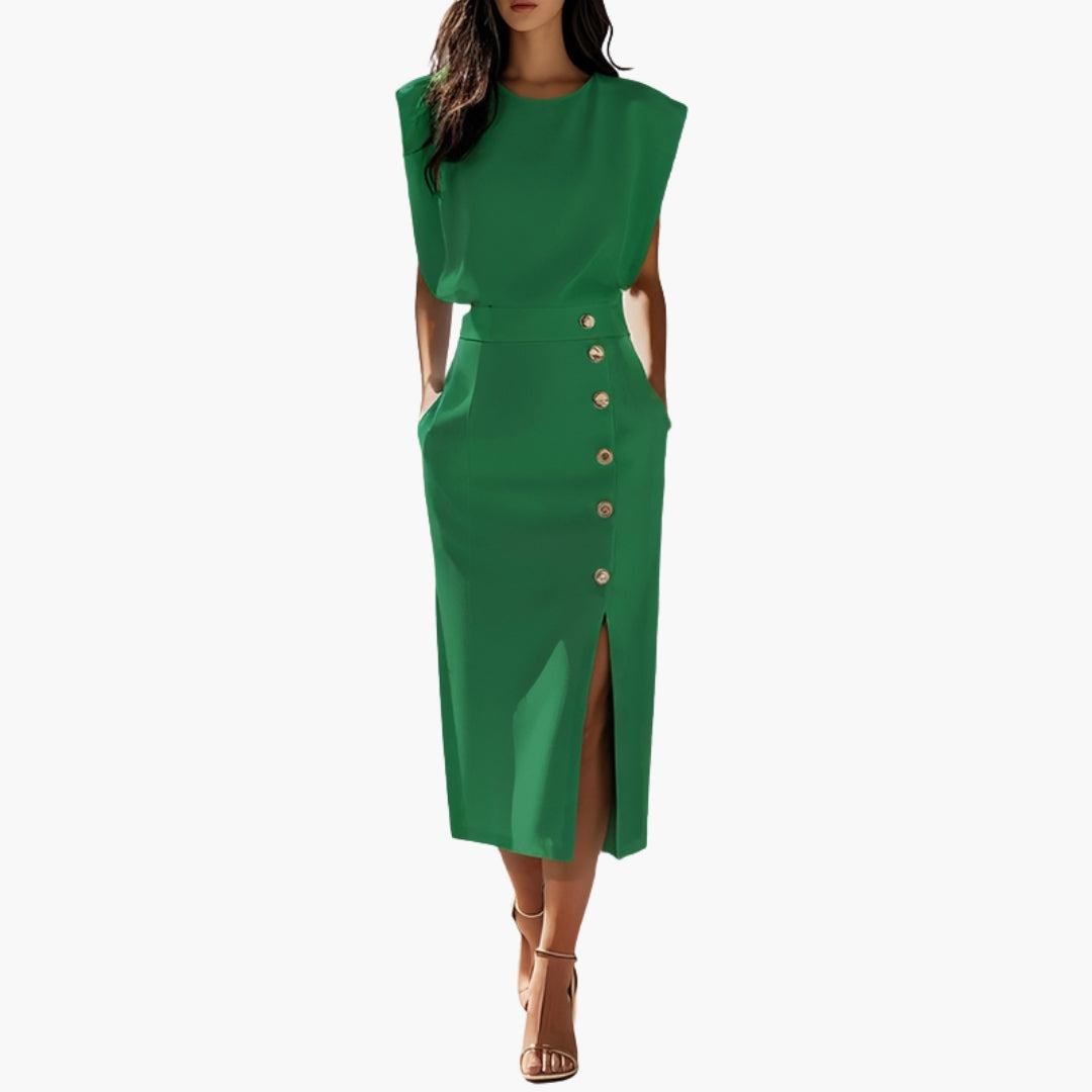 Elegant Button-Detail Midi Dress with Side Slit
