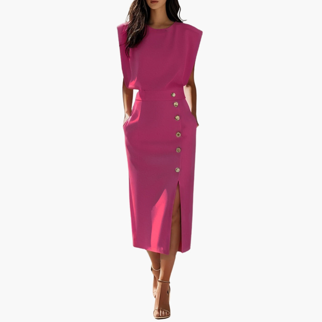 Elegant Button-Detail Midi Dress with Side Slit