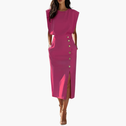 Elegant Button-Detail Midi Dress with Side Slit
