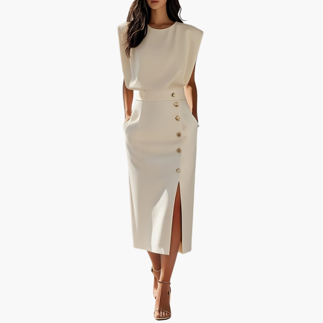 Elegant Button-Detail Midi Dress with Side Slit