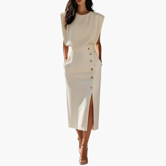 Elegant Button-Detail Midi Dress with Side Slit