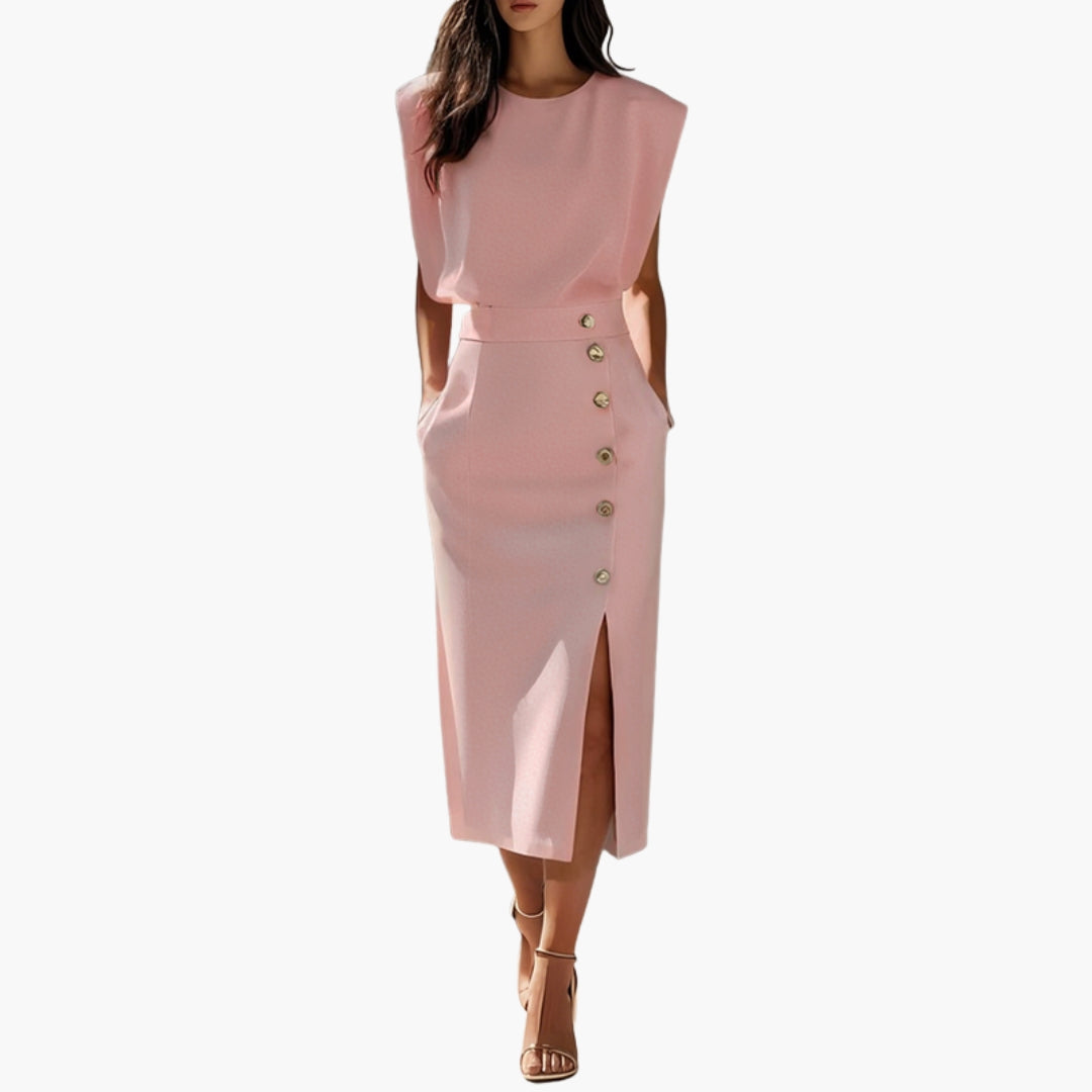 Elegant Button-Detail Midi Dress with Side Slit