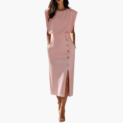 Elegant Button-Detail Midi Dress with Side Slit