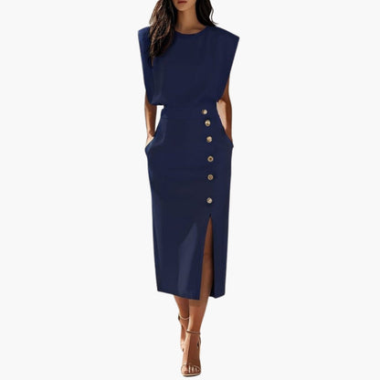 Elegant Button-Detail Midi Dress with Side Slit